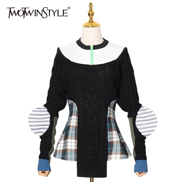 

casual hit color slim sweater for women turtleneck puff long sleeve patchwork plaid sweaters female fashion 210423, White;black