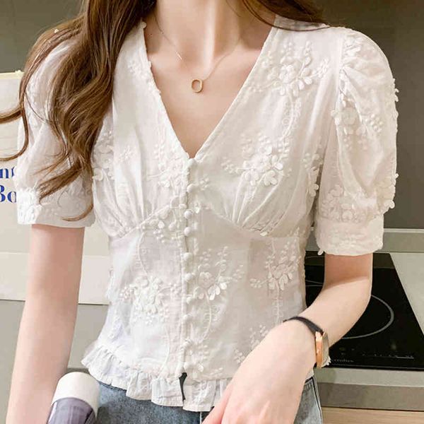 

women's blouses & shirts sweet v-neck short bubble sleeved lace shirt frlu, White