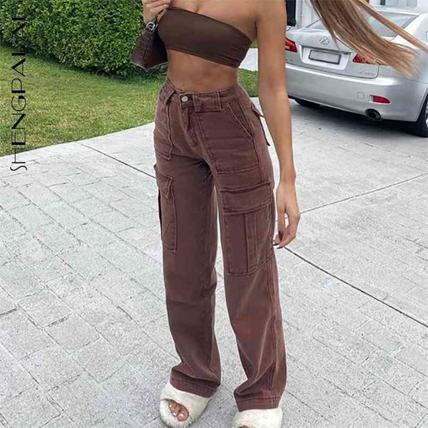 

spliced pocket brown jeans women's spring autumn mid waist loose straight denim pants female tide 5c756 210427, Blue