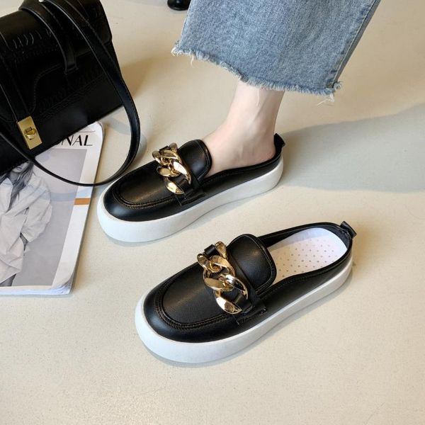

slippers women summer closed toe slip on mules shoes round thick soles casual slides flip flop gold chain sandals, Black