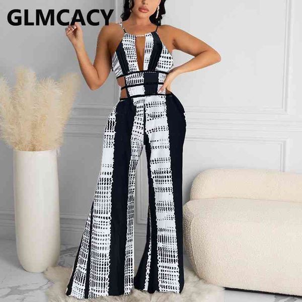 

abstract striped printed jumpsuit loose summer overalls 210702, Black;white