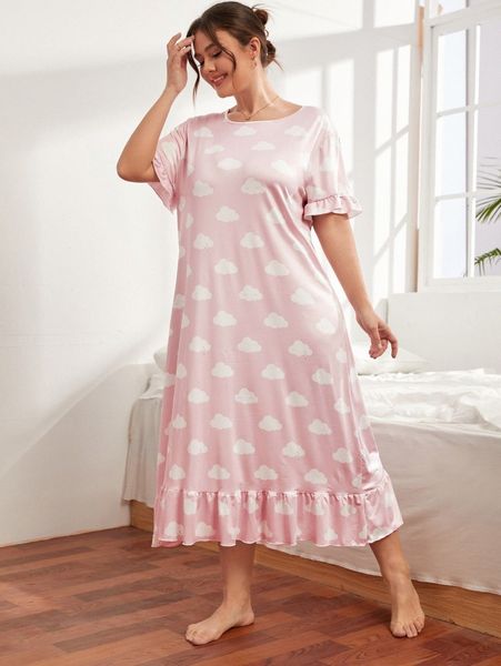 

plus cloud print flounce sleeve ruffle hem night dress 86mf#, Black;white