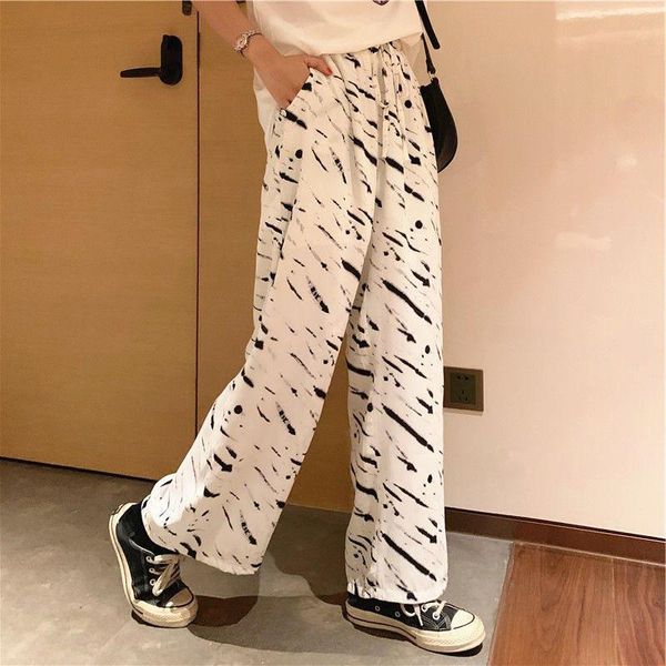 

women's pants & capris plaid in spring and summer, loose versatile, straight tube wide leg pants, showing the style of thin high wais, Black;white