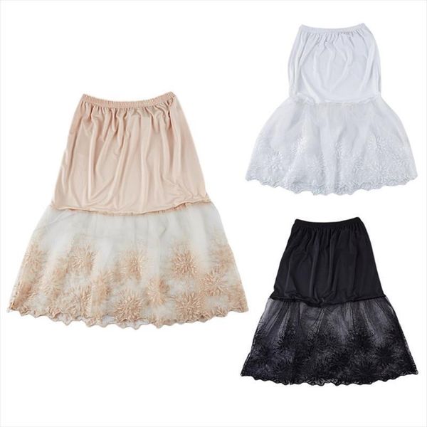 

fashion summer solid color womens skirt elastic waist layered tiered sheer lace trim extender a line half slip clothes, Black