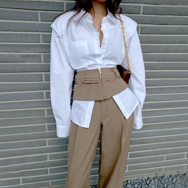 

women's two piece pants [ewq] korean simple lapel shoulder pad long sleeve shirt + personalized versatile waist cover high wide leg set, White