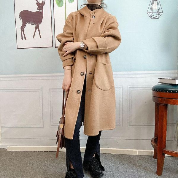

women's wool & blends 2021 korean winter double-sided long hooded loose handmade 100% coat women single breasted woolen overcoat oversi, Black