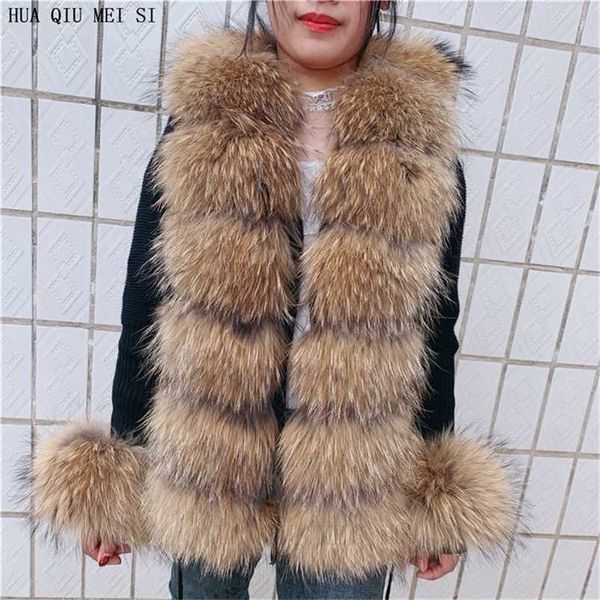 

fur cardigan real coat natural knitted sweaters s racoon vest women 211122, Black