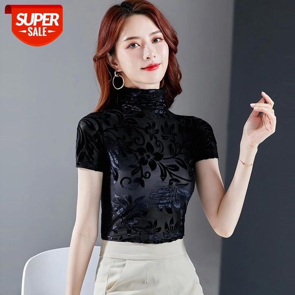 

aossviao velour blouse 2021 summer women shirts short sleeve turtleneck basic lady warm vintage floral blusas femme korean #pq7i, White