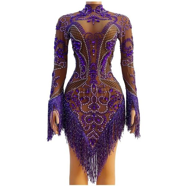 

purple tassel rhinestones mesh mini dress birthday evening celebrate fringes outfit female singer dancer see through stage wear, Black;red