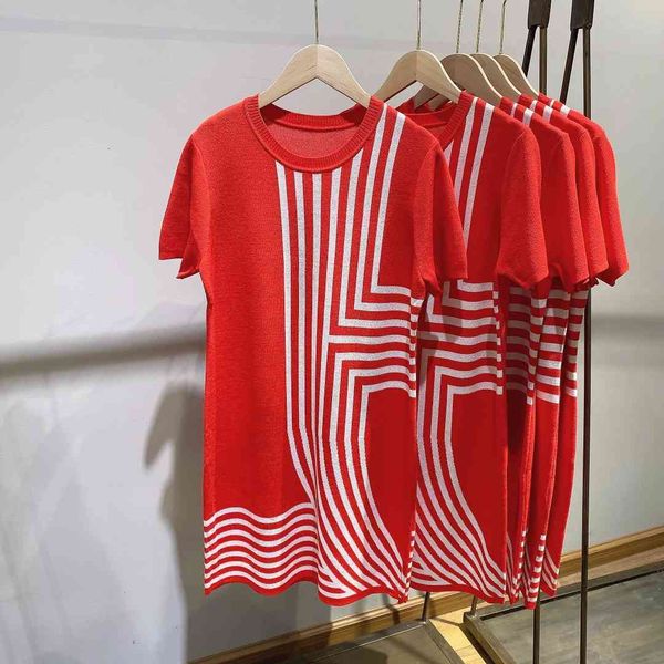 

love horse striped skirt 5343 dress women's sense knitted short sleeve red early spring french medium long waist xia xian, Black;gray