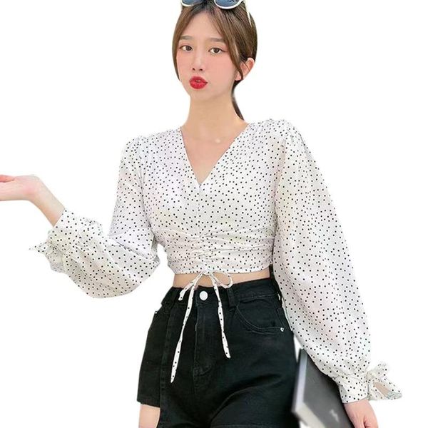 

women's blouses & shirts polka dot print summer v neck female crop ladies shirt sweet long sleeves chiffon 2021, White