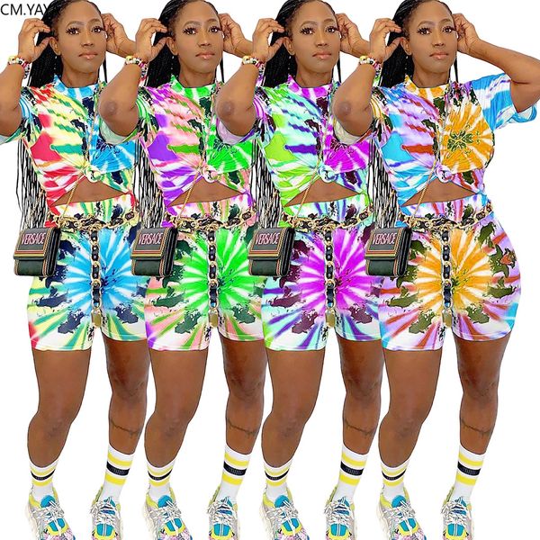 

women summer tie dye bla hole print tee shorts jogger suit two piece set sport trasuit outfit matching setby air, White