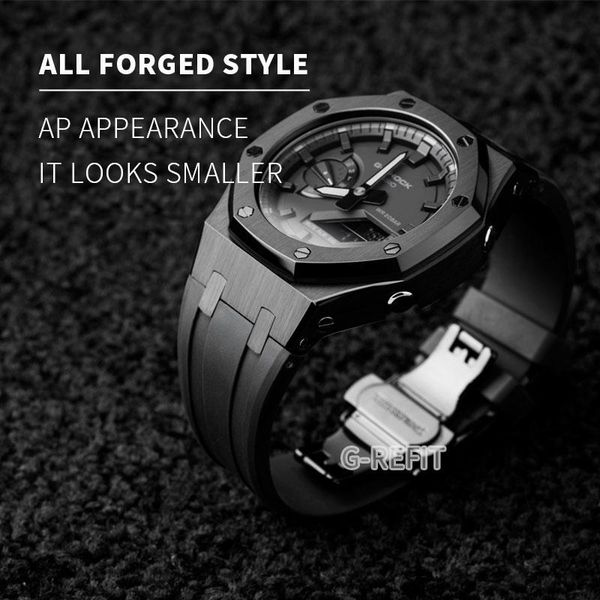 

watch bands g-refit ga-2100/2110 3rd metal bezel fluorine rubber strap and watchcase 2100 lengthen watchband with adapter tools, Black;brown