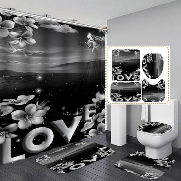 

shower curtains black love flower curtain with non slip rug mat bathroom waterproof polyester hooks modern