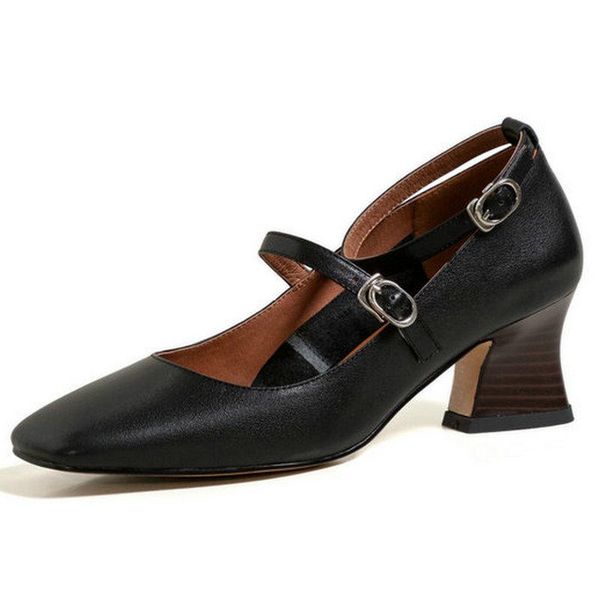 

fashion women beige shoes mary jane genuine leather thick heels pumps for wedding basic woman dress, Black