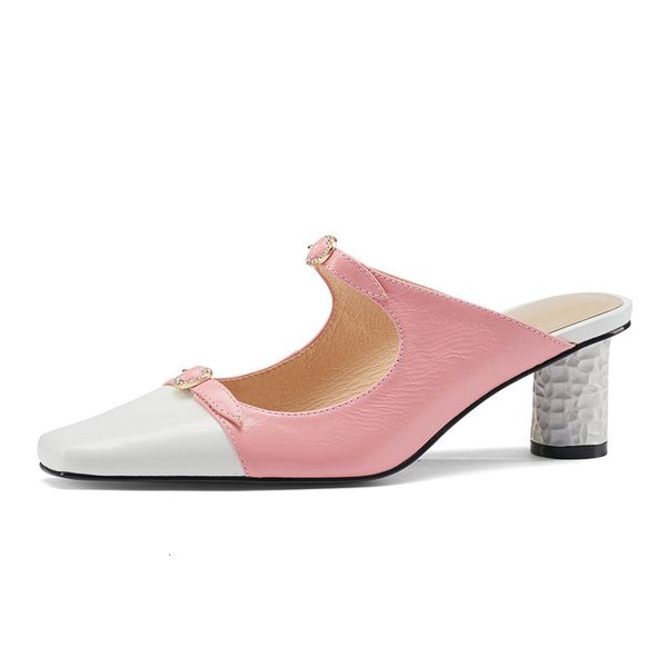 

sandals runway square toe mixed color slippers women crystal buckle chunky high heel summer party dress shoes lazyman mules 2021 4, Black