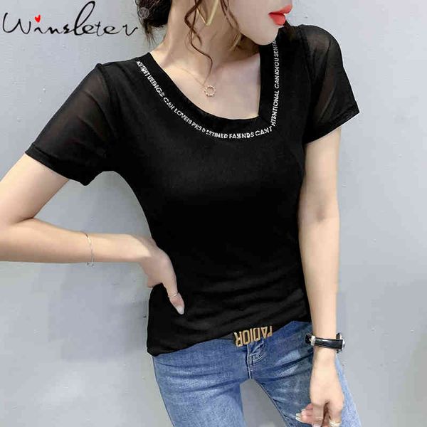 

women's t-shirt summer korean clothes mesh fashion skew collar shiny diamonds women short sleeve all match tees 2021 t14, White