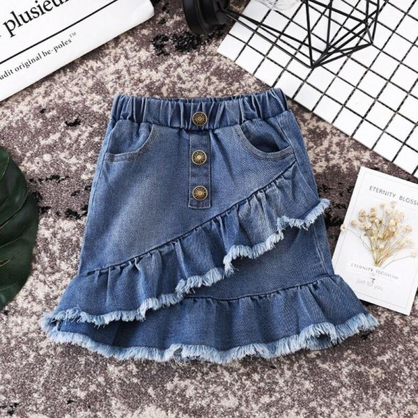 

summer toddler kids girls blue denim mini skirt ruffles button fashion lovely jean casual skirts