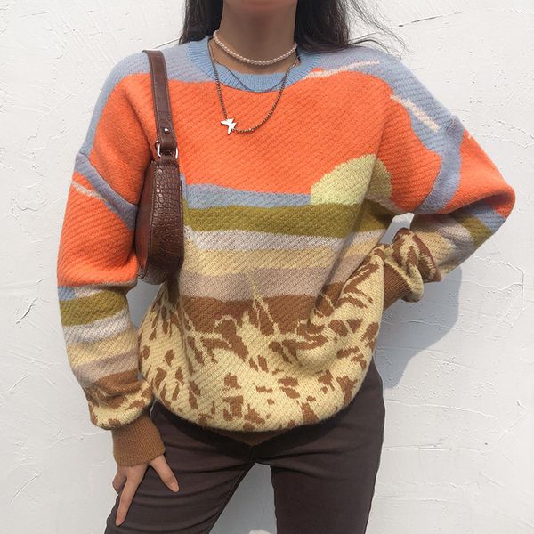 

women's sweaters casual sweater y2k female winter, long sleeve round collar with vintage print, 4w5e, White;black