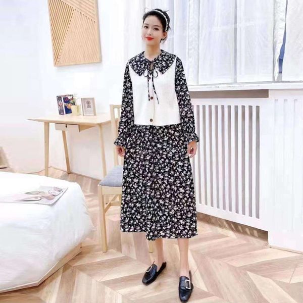 

2021 spring new korean chic temperament fairy floral dress mid length baby collar skirt fashion, Black;gray