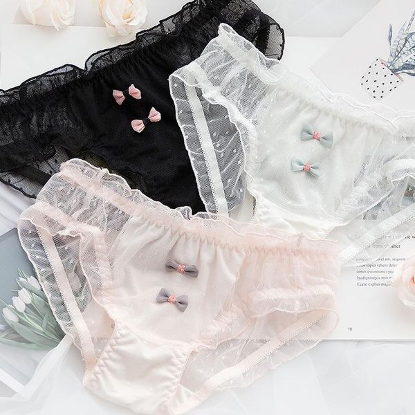 

women's panties majtki bawena mesh cute for women comfortable soft lace bread pants double bows poliamidas sting femme figi, Black;pink