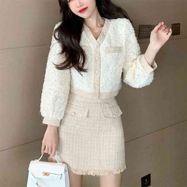 

female elegant skirt suits springtweed two piece set women outfits crop mini vetement femme 210514, White