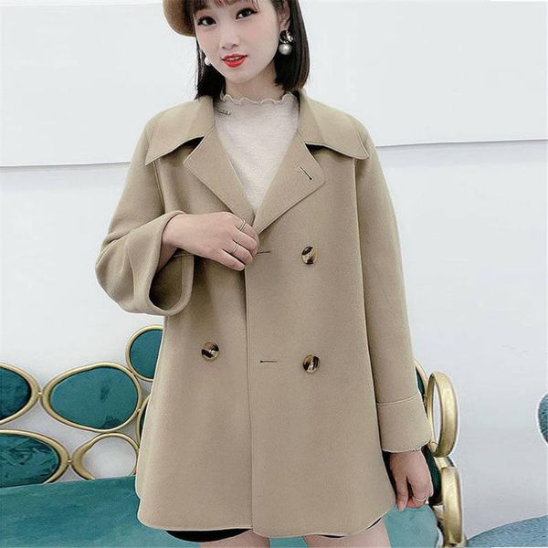 

women's wool & blends double-sided cashmere overcoat coat loose women korean suit collar cardigan all-match thicken warm outerwear0693, Black