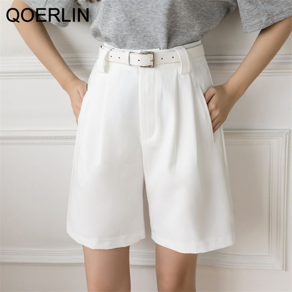 

white high waist casual sashes shorts women summer wide legs with pocket office lady suit short pants mujer 210601, White;black