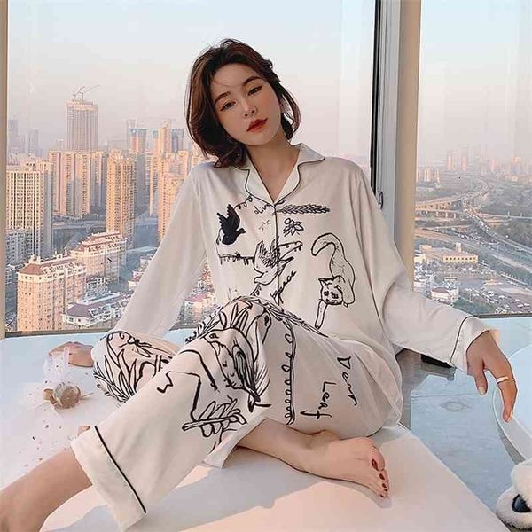 

spring women's pajamas set luxury style fashion natural animal graffiti sleepwear silk like leisure home clothes nightwear 210325, Black;red
