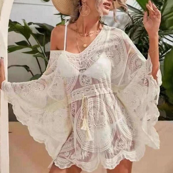 

women's swimwear white open back self-tie bikini cover up lace long dress covers women 2021 summer beach bathing suit beachwear, White;black