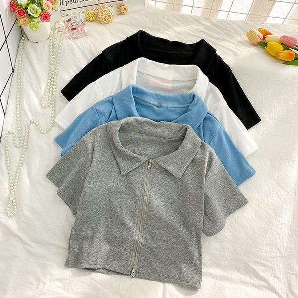 

women's t-shirt woman tshirts zipper cropped female spring korean style lapel all-match short-sleeved shirt crop harajuku vintage, White