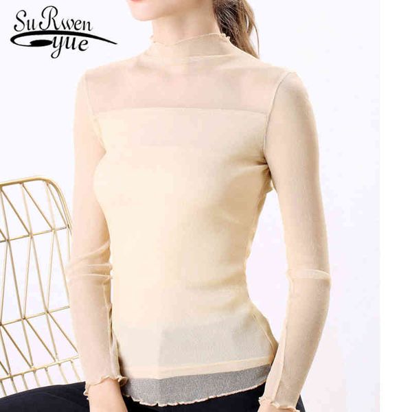 

chemisier femme nouvelle collection blusas mujer de moda tunique womens and blouses turtleneck mesh shirt 5905 50 210427, White