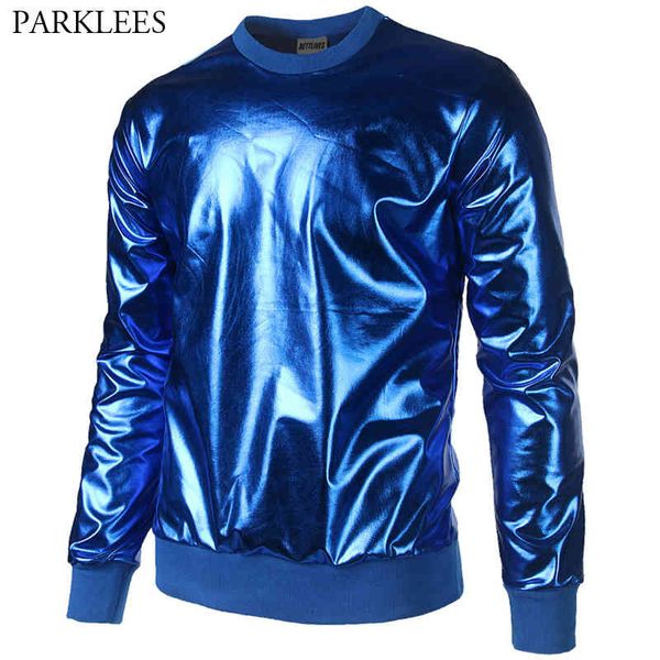 Shiny Royal Blue Metallic Felpa Uomo Nightclub Style Disco Dance Stage Abbigliamento Uomo Hip Hop Streetwear Felpe Moletom 210522