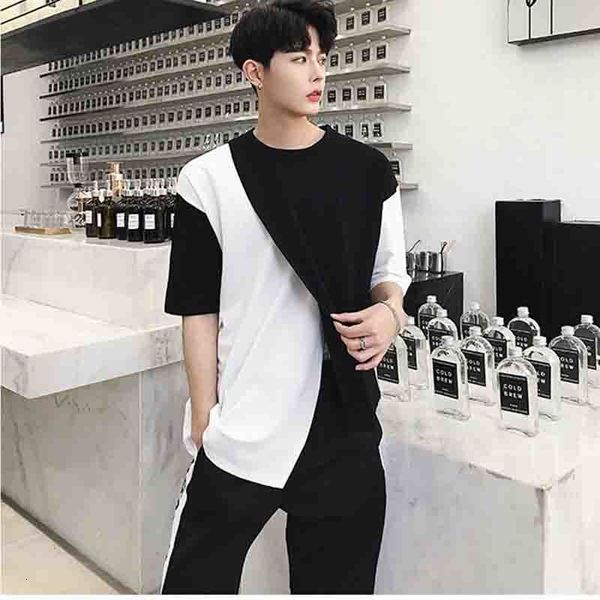 

irregular personality trend short black and white color matching sleeve crew neck male summer shirt cleft half uoef, White;black