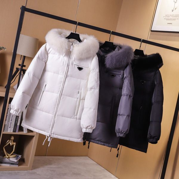 

2021 women fall winter luxury runway design jacket hooded genuine fox fur trim long elegant down coat 3 colors, Black;brown