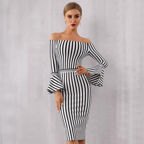 

casual dresses wholesale 2021 est women dress black and white jacquard flare sleeve celebrity cocktail party bandage, Black;gray
