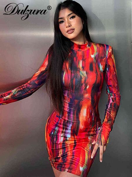 

dulzura tie dye print women long sleeve mini dress shoulder pad bodycon streetwear party 2021 autumn winter clothes y2k y220304, Black;gray