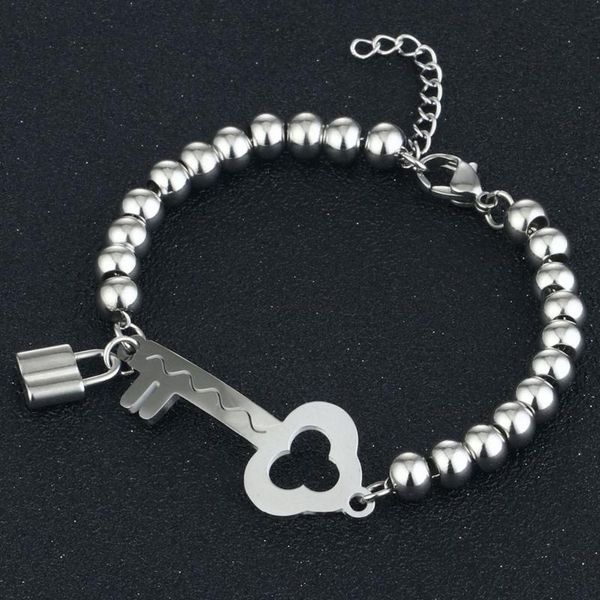 

beaded, strands couple statement gifts women's stainless steel key lock pendant bracelet for girls metal beads jewelry mn44, Black