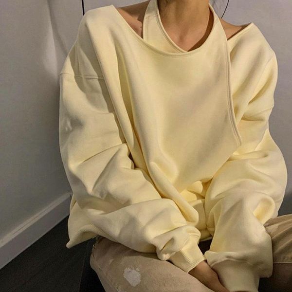 

women's hoodies & sweatshirts fall solid color sweater hanging neck asymmetrical pullover simple casual style for daily street wear 202, Black