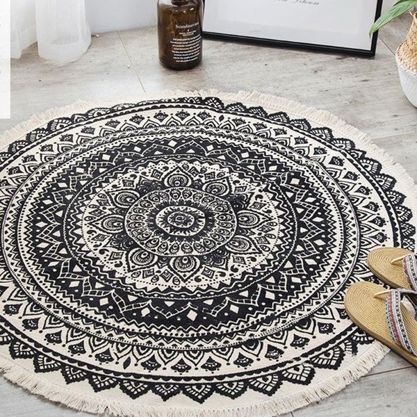 

carpets nordic ethnic simple style round rug non-slip for bedroom bohemia woven cotton carpet knitting floor mat with tassels 92cm