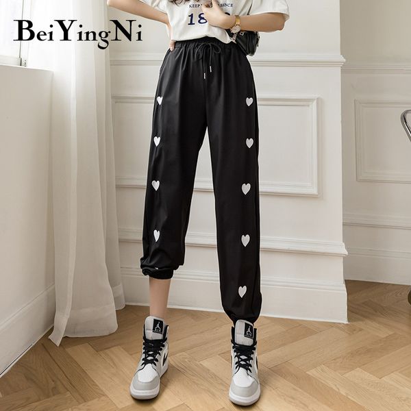

pants female casual heart embroidery cute ice silk high waist harem women white black purple summer trousers 210427, Black;white