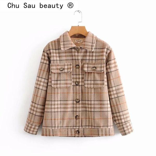 

fashion autumn casual khika plaid woolen coat women winter thicken jacket vintage pocket female outerwear chic 210508, Black