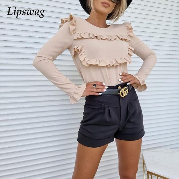 

women's blouses & shirts casual long sleeve loose shirt pullover autumn elegant solid ruffle blouse ladies 2021 fashion o neck women b, White