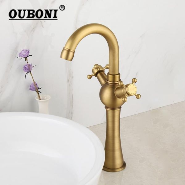 

bathroom sink faucets ouboni antique brass basin faucet 2 handles deck mounted tap washing tall counter mixer