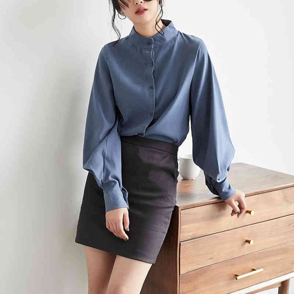 

jean fashion women autumn shirts lantern sleeve office lady blouse zr64 enmo, Blue