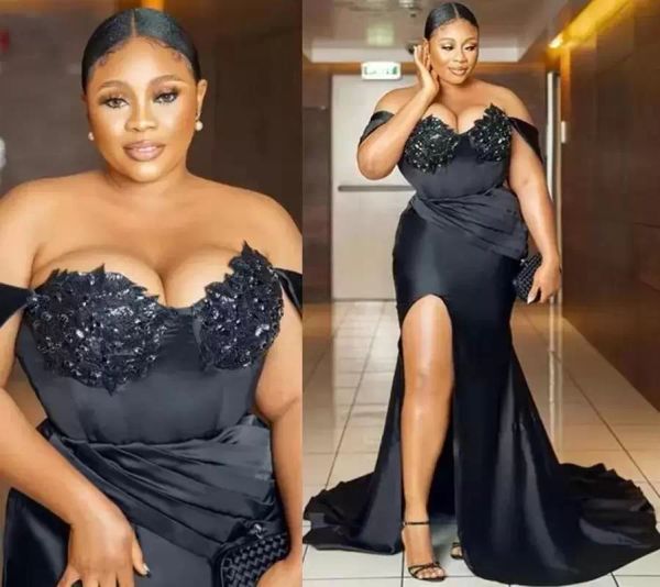 

2022 black plus size prom dresses sheath side slit beaded lace applique crystals off the shoulder straps illusion custom made formal evening