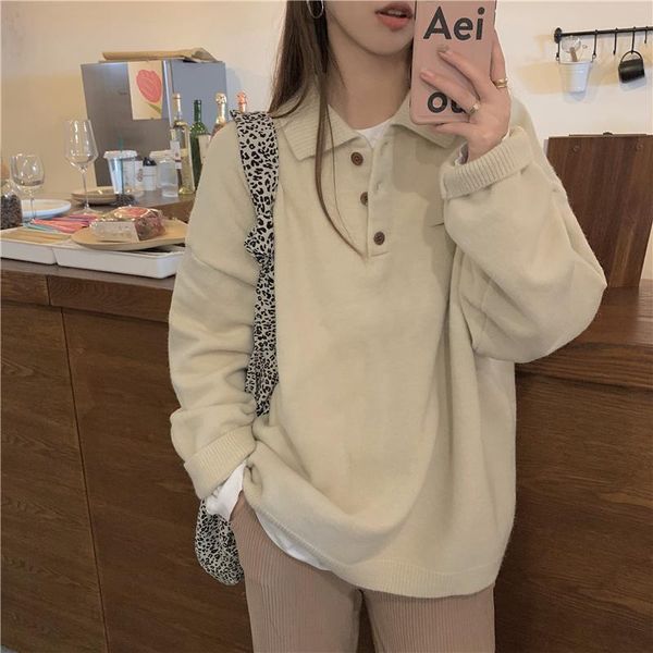 

women's sweaters 2021 korean style loose turn down collar knitted womens casual and pullovers female (n0252), White;black