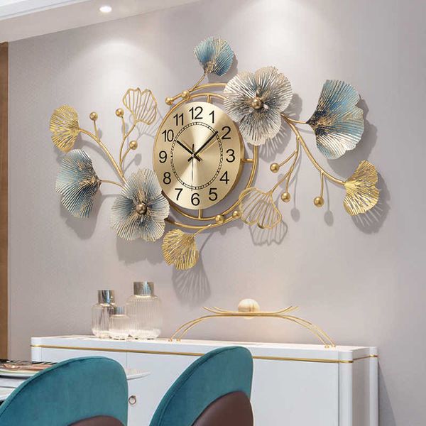 Estilo Chinês Creative Sala de Living Clock Luz Luxo Decorado com Ginkgo Folhas Arte Acumular Wall Colck 210930