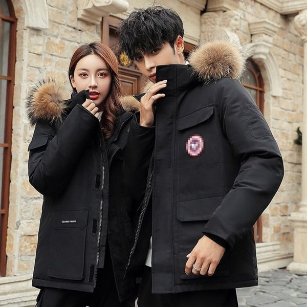 

canadian style goose down jacket men's winter middle-aged and young couples outdoor work clothes raccoon dog hair collar female, Black
