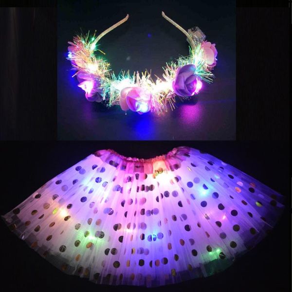 Decorazione per feste Glow Light Girl Child Dot Tutu Gonna Leis Flower Wreath Crown Set Regalo di compleanno Natale Led vestiti 3-12 anni Neon